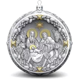 Серебряный елочный шар "Рождественский" с позолотой